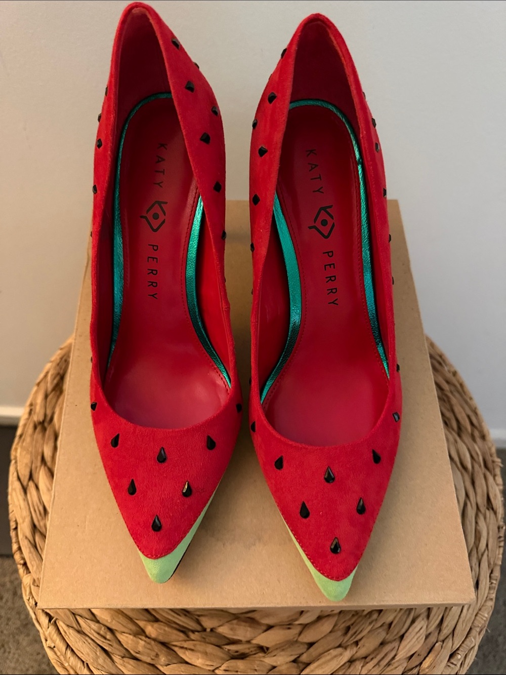 Katy Perry Collections Red Suede Pointed Toe Pumps with Green Tip